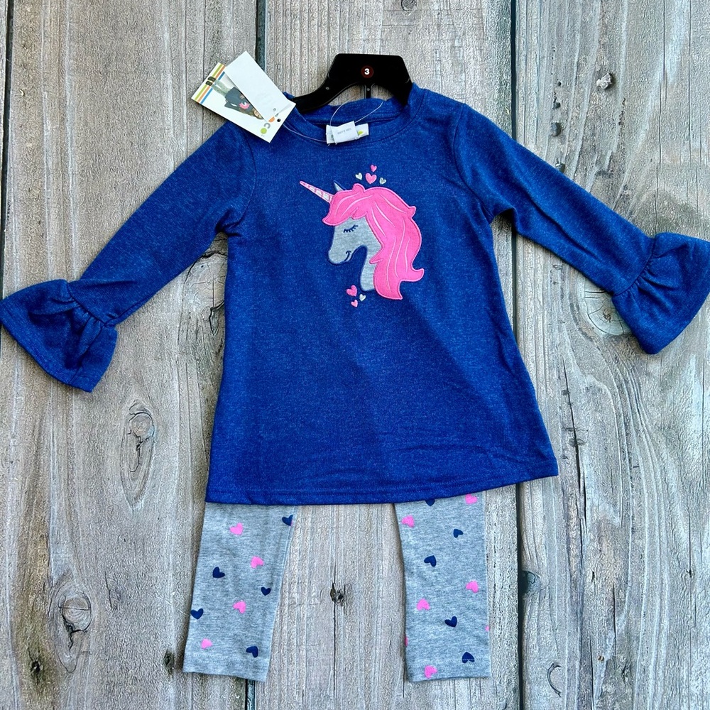 Rococo size 3T Girls 2-piece Unicorn Tunic Top & Leggings Matching Set, Blue NWT